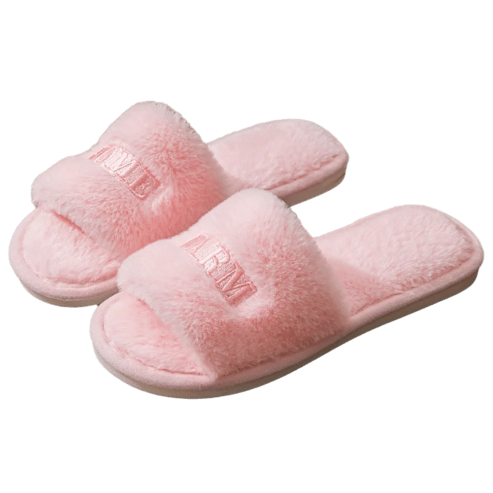 

Elegant Soft Casual Fluffy Slippers Anti Slip Letter Women Home Flats Thick Sole Warm Home Cotton Shoes Outside