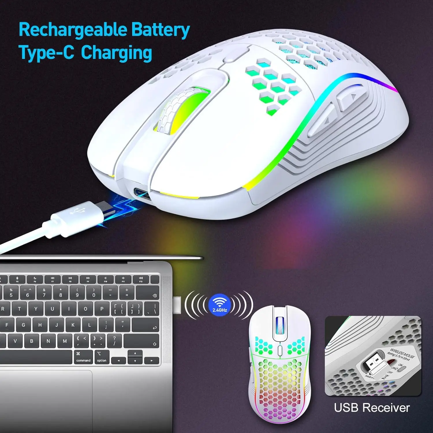 2.4G USB وType-C ماوس ألعاب لاسلكي RGB الخلفية قابلة للشحن قابل للتعديل DPI مريح الفئران للكمبيوتر المحمول ماك أندرويد