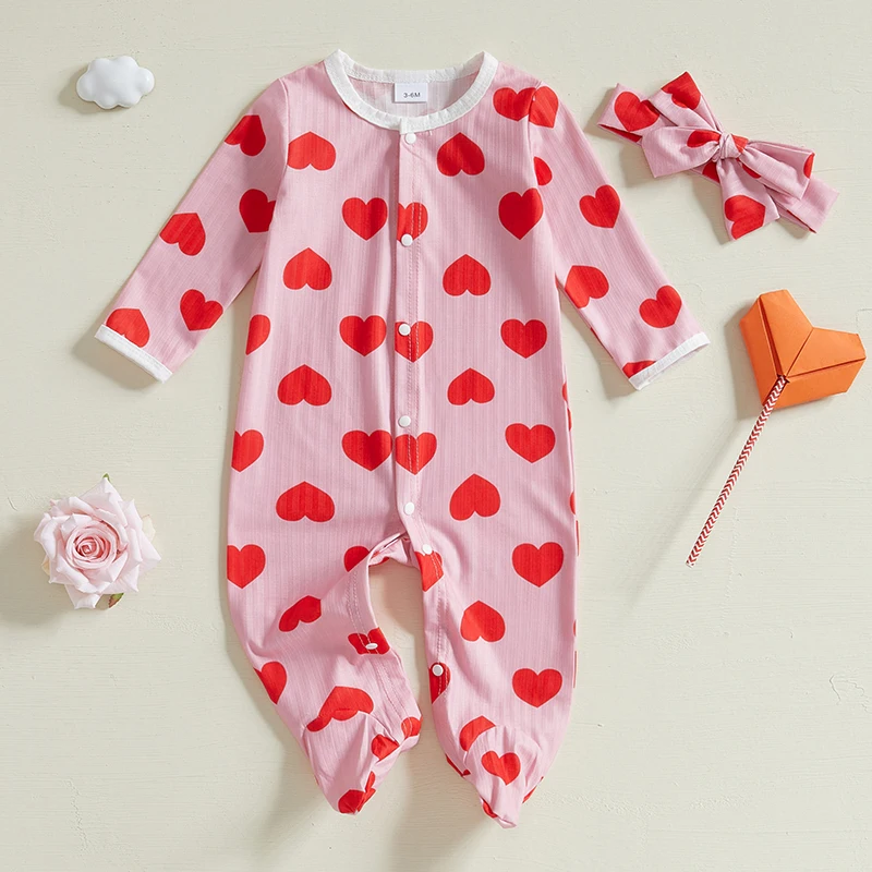 Baby Girls Footies Rompers Valentine's Day Clothes Heart Print Long Sleeve Spring Bodysuits with Headband