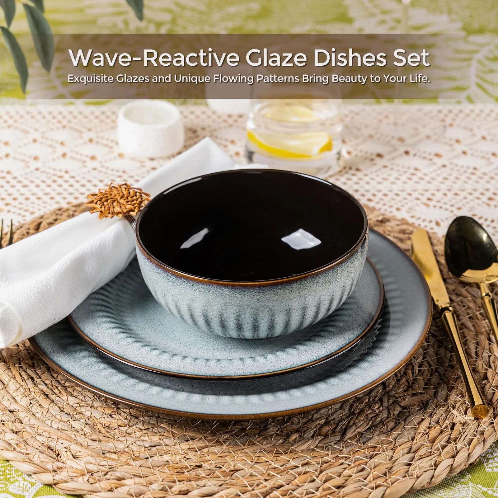 مجموعة أدوات مائدة سيراميك طقم أواني طعام سيراميك مصنوع يدويًا مع أطباق وأطباق من الخزف الحجري بتصميم منقوش لتناول الطعام الحديث
