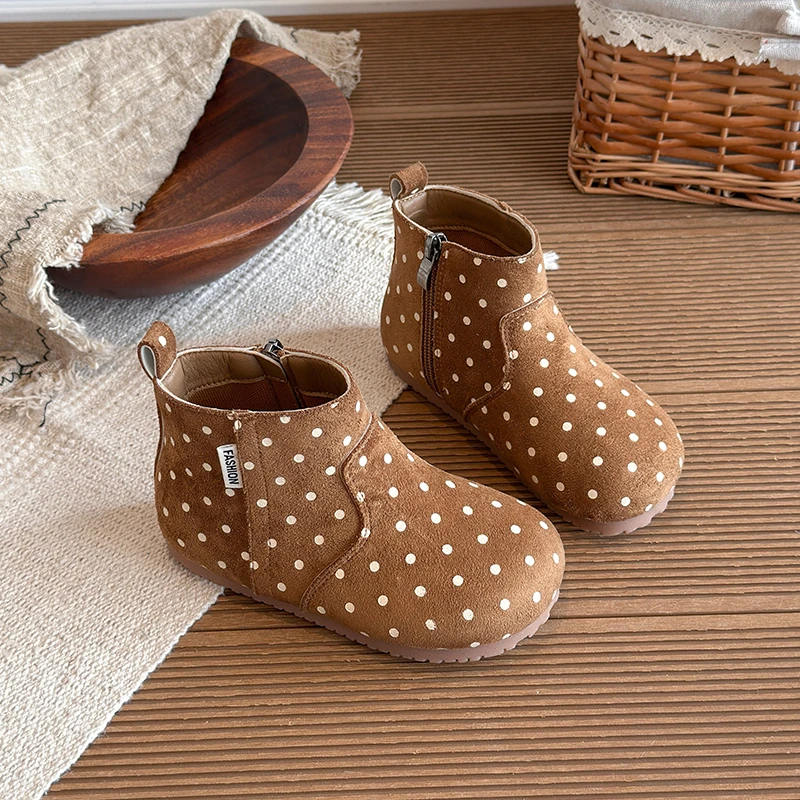 Toddler Girls Polka Dot Ankle Boots, Side Zipper, Non Slip Soft Sole, Retro Suede Boots for Autumn Daily Walking Wear