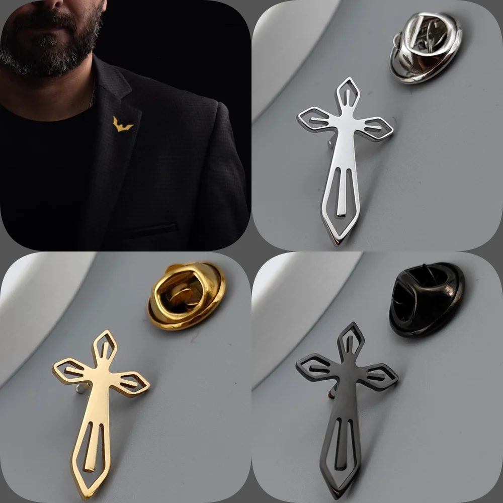 

Hollow cross gold-plated badge, suit lapel pin black silver stainless steel, men's collar brooch, gift for father and husband
