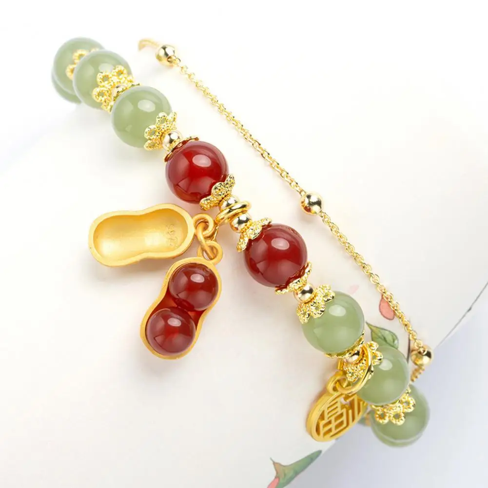 Faux Charm Bracelet Women’s Faux Jade Bead Bracelet with Leaf Peanut Pendant Adjustable Rhinestone Bangle Good Luck for Prom