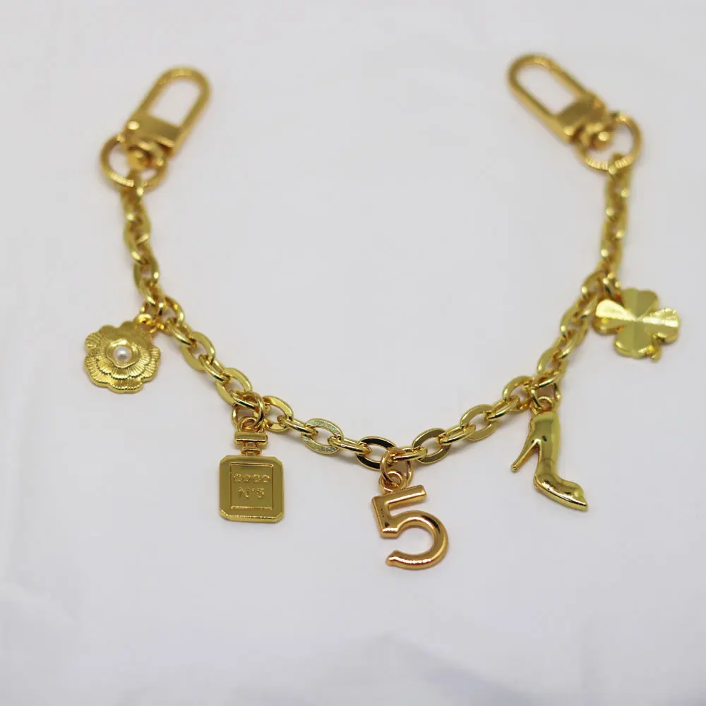 핸드폰 옐로우 골드 샤이니 메탈 키체인 가방, 핸드 손목 스트랩, 매력 장식 가방, 연장 5 향수병 꽃 펜던트