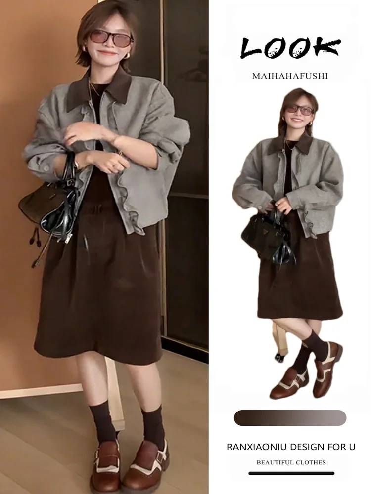 

Комплект из трех предметов Salt Series: легкое пальто, юбка-русалка и топ с воротником, женский, осенний, с высокой талией, французский стиль