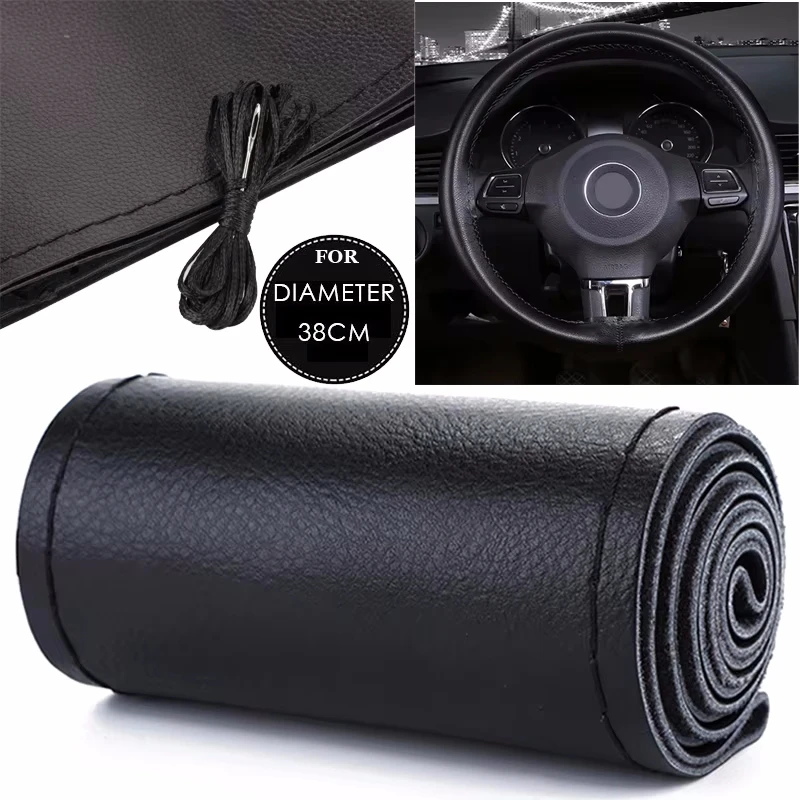 PU Leather Car Steering Wheel Stitch On Wrap Cover Fit for 38cm 14
