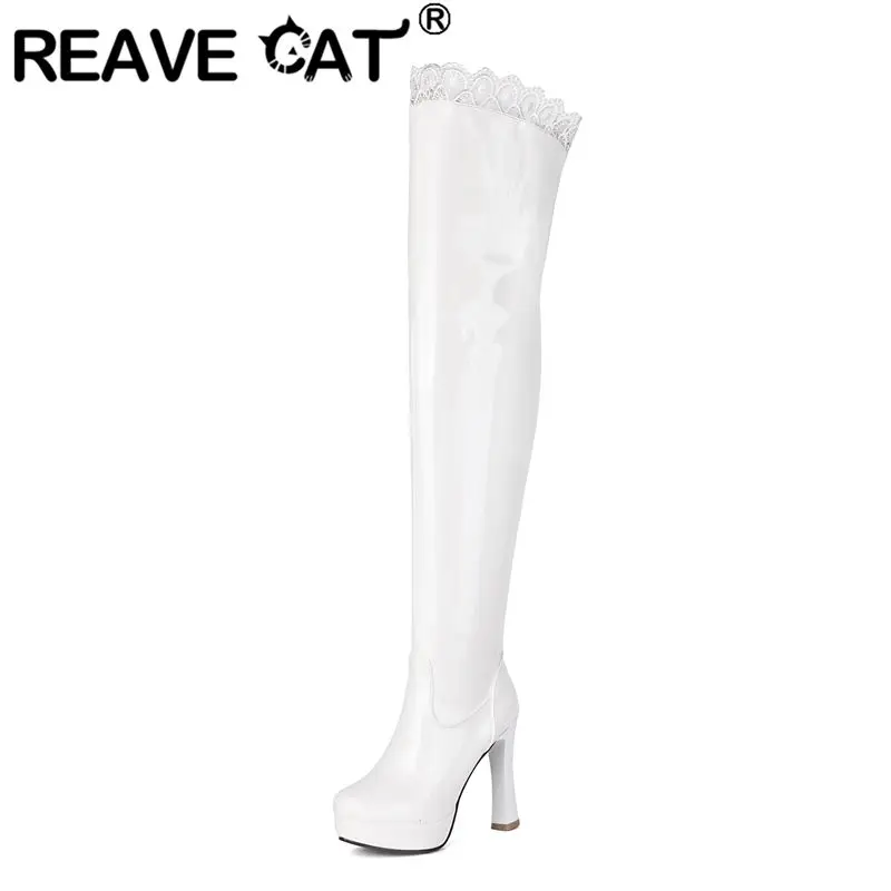 REAVE CAT 2025 Sexy Women Knee High Boots Round Toe Block Heels 11cm Platform 2.4cm Zipper Party Stretch Bota Big Size 46 47 48