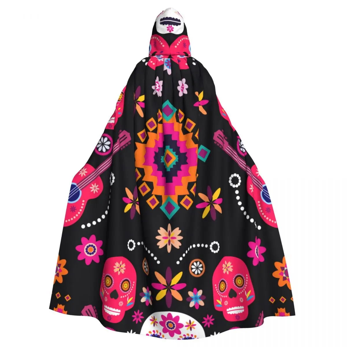 

Unisex Witch Party Reversible Hooded Adult Vampires Cape Cloak Mexican Sugar Skulls And Flowers