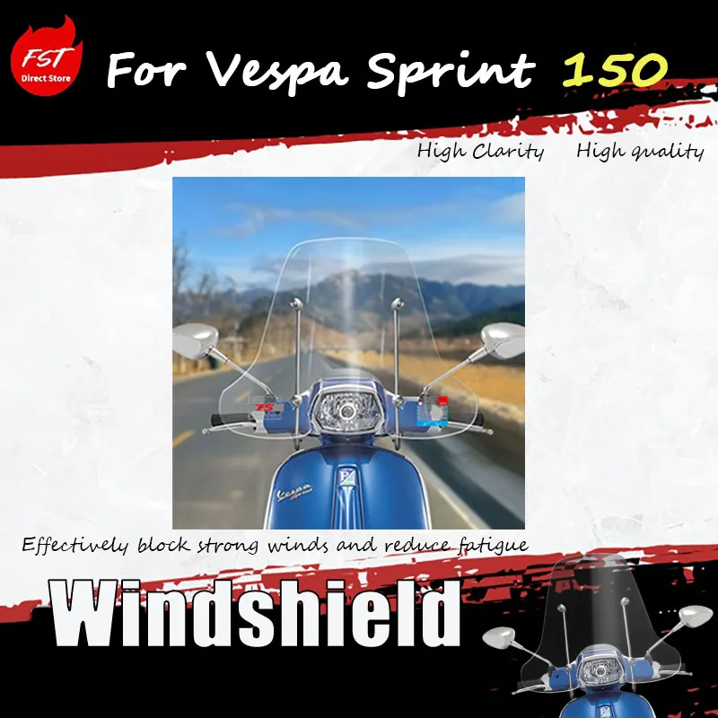 For Vespa Sprint 150 model with an elevated windshield panel for better wind protection and a handguard for enhanced safety.