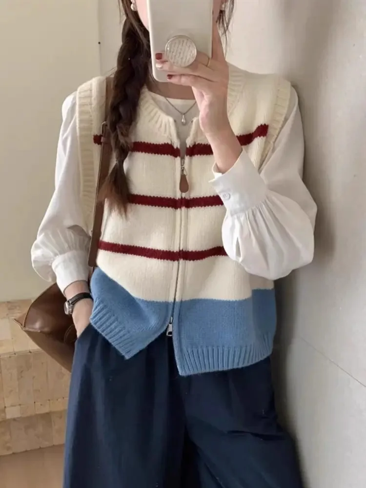Striped Zipper Cardigan Knitted Vest Women's Casual Sleeveless Baggy Sueter Gilet Korean Soft Fashion O-Neck Loose Sweater