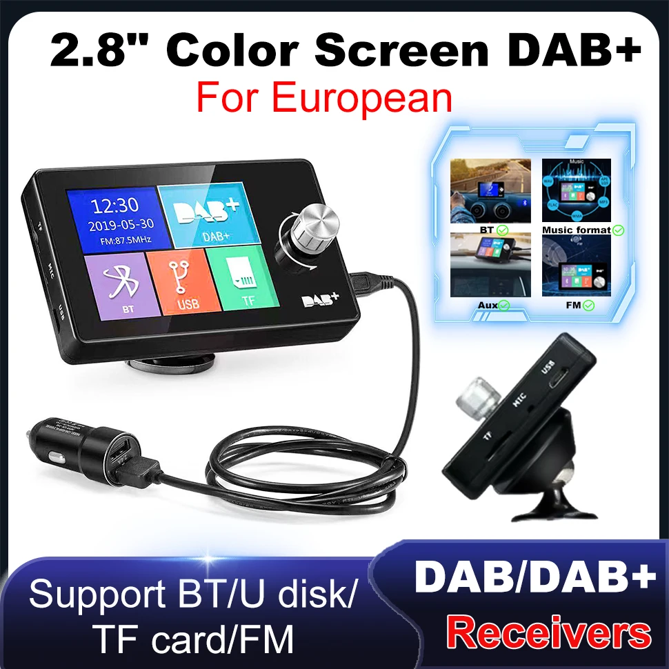 DAB Antenna Radio 2.8 Inch Screen Digital Signal Broadcast Adapter FM Transmitter BT SD TF MP3 Player DAB+ Adapter for Car Radio