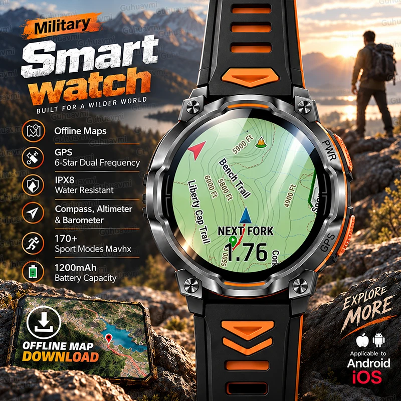 New No Signal Map Navigation GPS Smart Watch Men 1200mAh Big Battery Waterproof Compass Altimeter 170+Sports Military Smartwatch