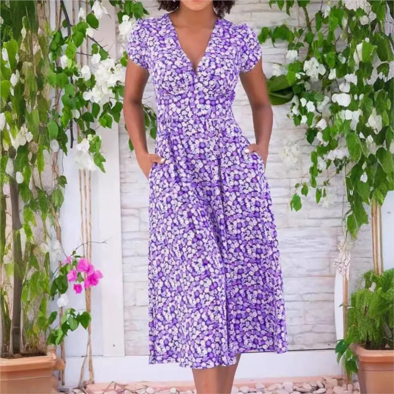 2025 Abito da donna con scollo a V bohémien con tasca stampata floreale Estate Nuovo abito lungo a trapezio elegante a maniche corte a vita media Y2k