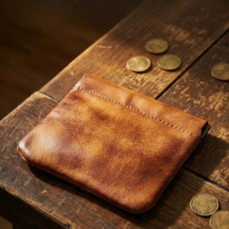 Squeezed Auto-Close Leather Coin Purse, One-Handed Operation Squeeze Change Holder,Easy Open Vintage Mini Wallet for Men & Women