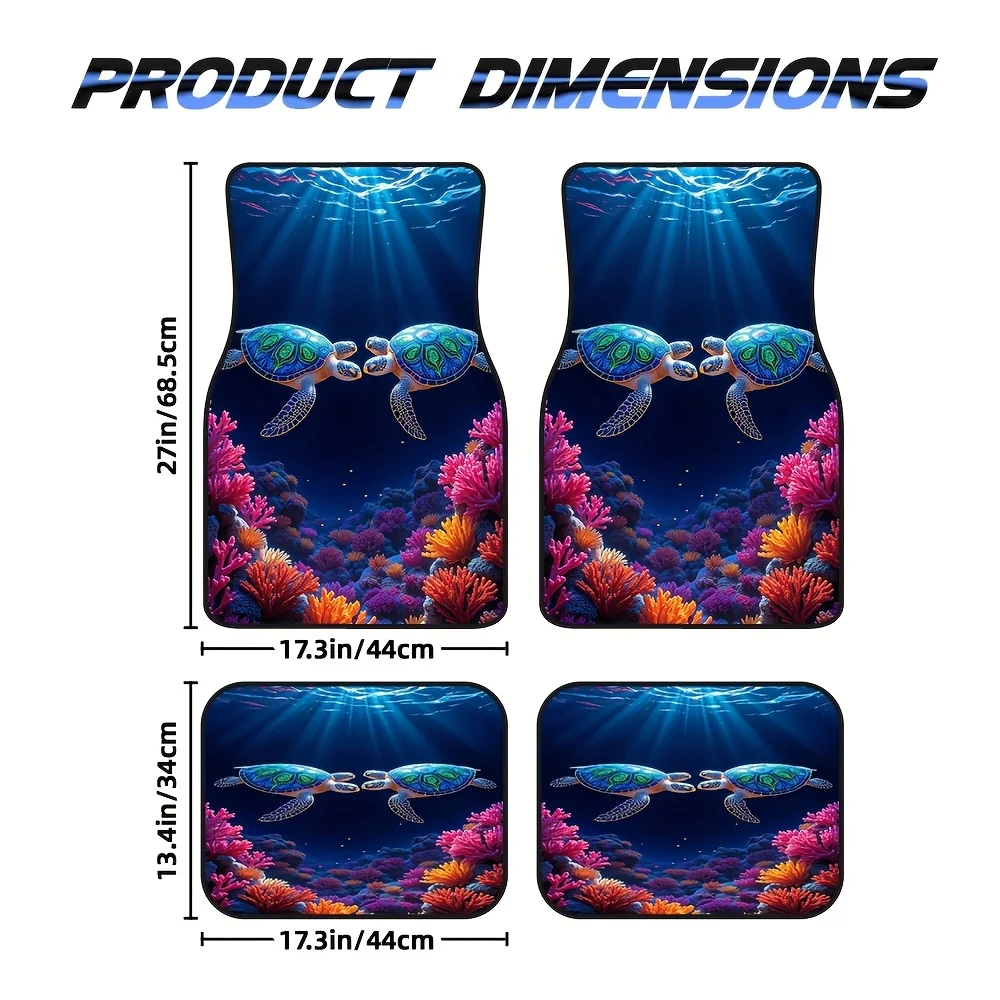 4pcs Neon Sea Turtle Floor Mats - Vibrant Underwater Ocean Design With Pink Coral Reef & Turtles, Non-Slip Backing, Durable All-