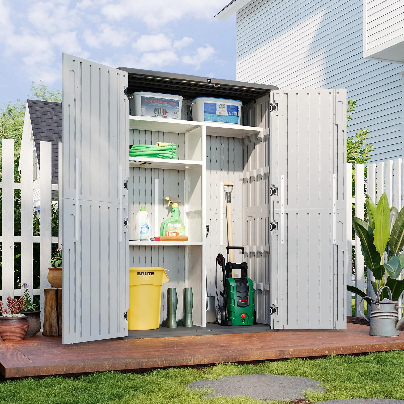 64 Cu.Ft Resin Storage Shed with Metal Shelving Kit & Floor, White