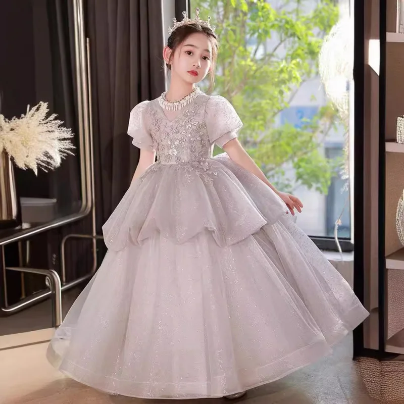 

Детский вечер для девочек, высококачественное пышное тюлевое платье, элегантное и роскошное платье принцессы с цветочным узором для девочек, выступление на фортепиано