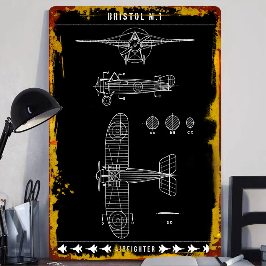 Vintage Bristol M.1 Fighter Blueprint Metal Wall Art Decor Aviation Collectible Home Decoration