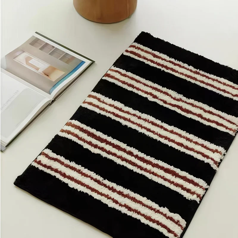 VIKAMA Ins Wind Stripe Plush Carpet Soft Non-Slip Bedroom Bed Blanket Cloakroom Dresser Floor Mat Home Decoration