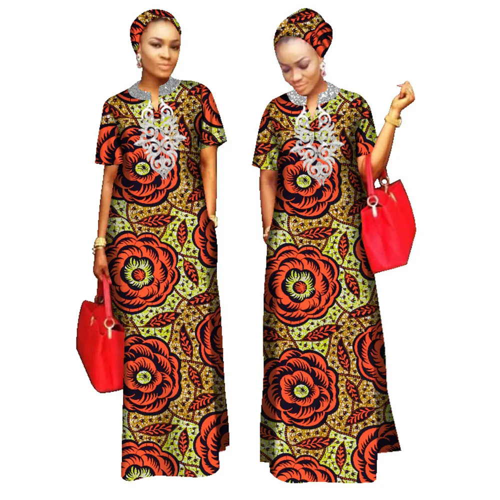 

African Print Clothing For Women Riche Bazinl Short Sleeve Outfits Woment Free Head Scarf Lady Long Dress Maxi Size WY843