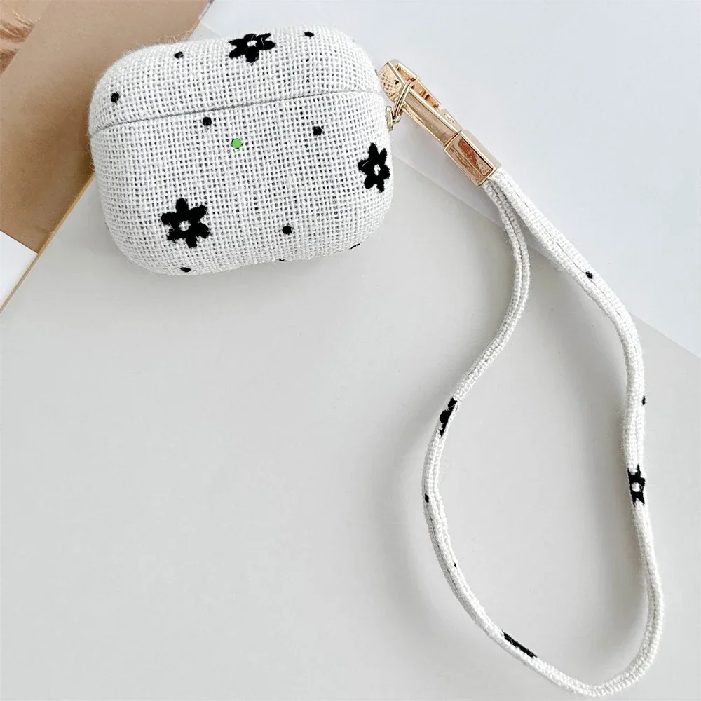 Luxury Little Flower Earphone Case For Airpods 4 Pro 2 With Wristband Soft Cute Cloth Pattern Protective Cover For Airpods 1 2 3