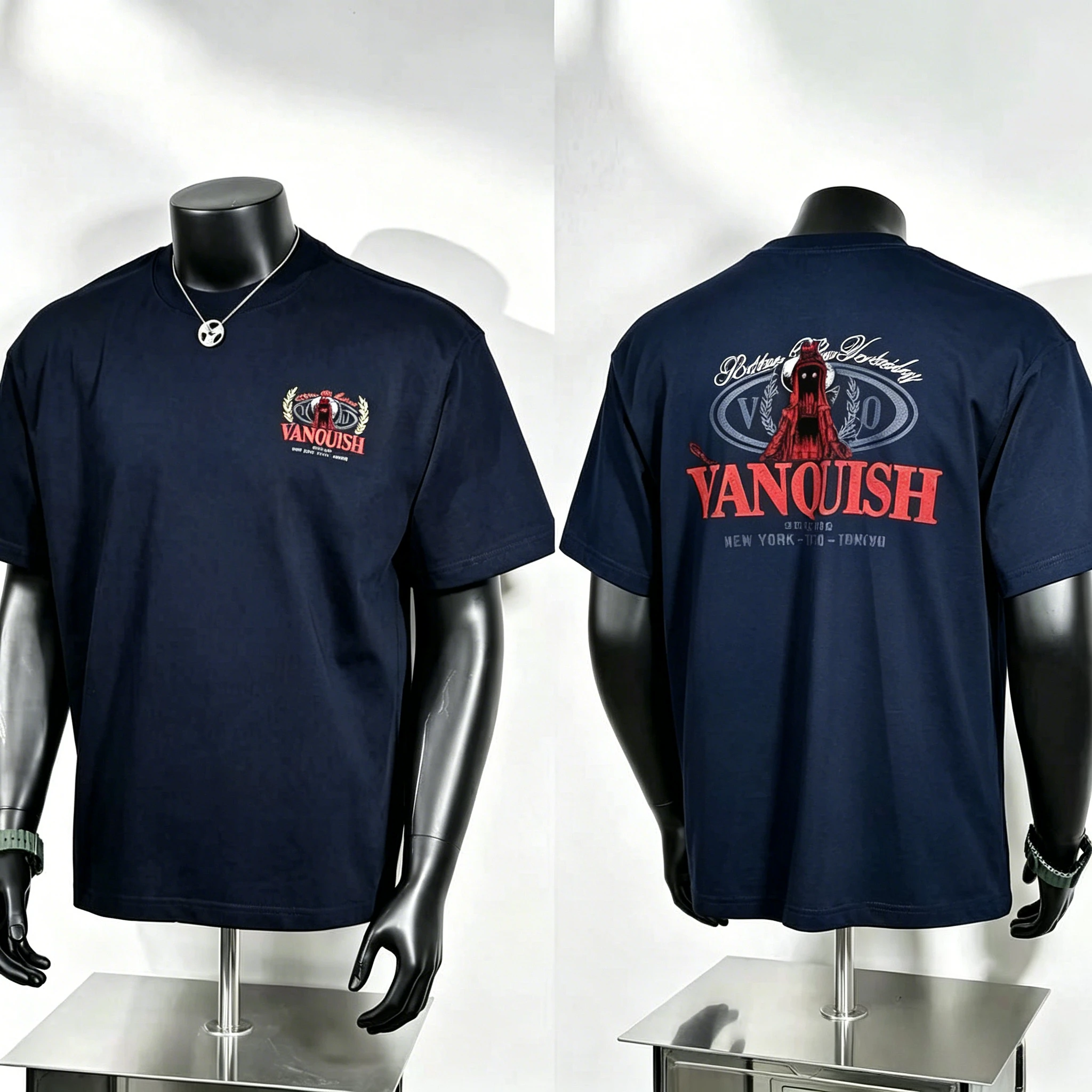 Hooded Figure Print T Shirt, Tiny Laurel Decorated Badge on Chest and Oversized Vanquish Retro Badge Back Graphic