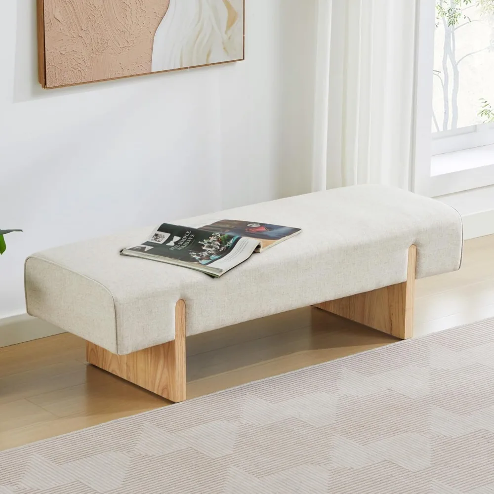 

55 Inch Upholstered Dining Bench, Modern Living Room Bench with Wooden Legs, Linen Ottoman Stool with Padded Seat