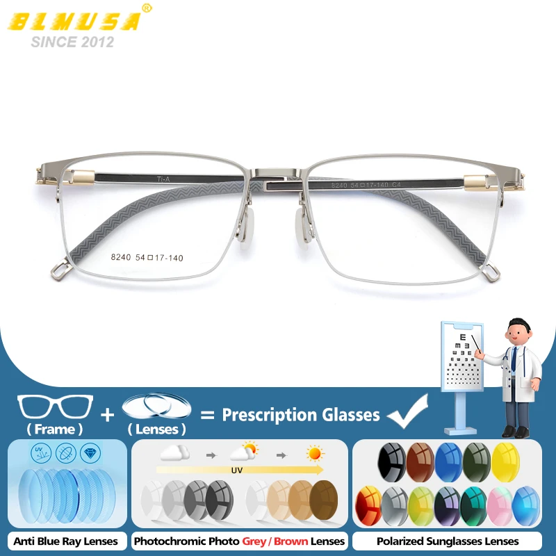 

BLMUSA (L) Fashion Men Square Half-Frame Progressive Prescription Glasses High Quality Anti Blue Light Myopia Sporty Eyeglasses