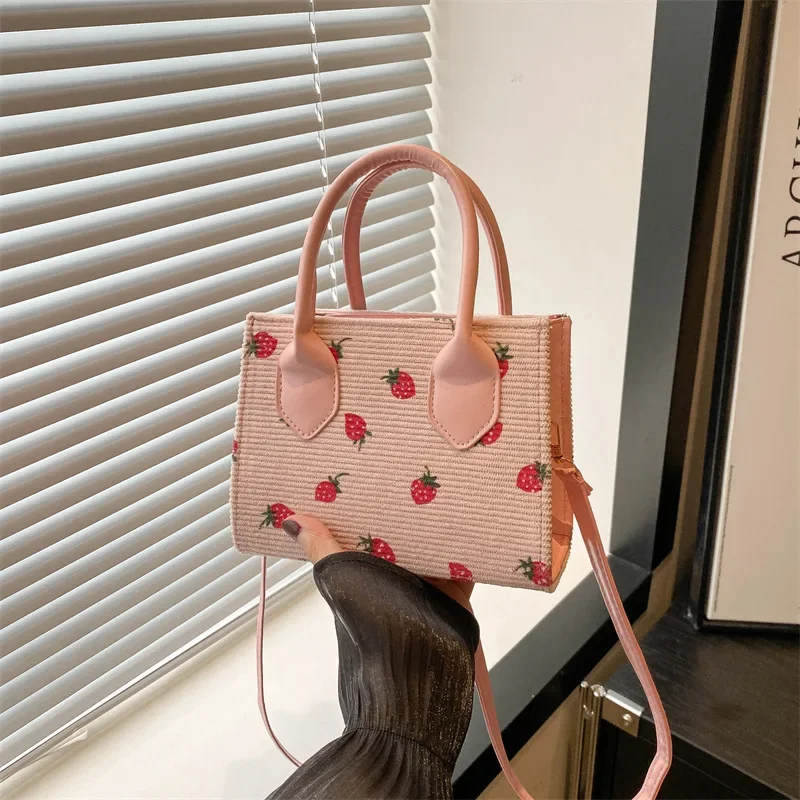 

Large capacity cute strawberry printed bag, premium texture velvet single shoulder crossbody small square bag