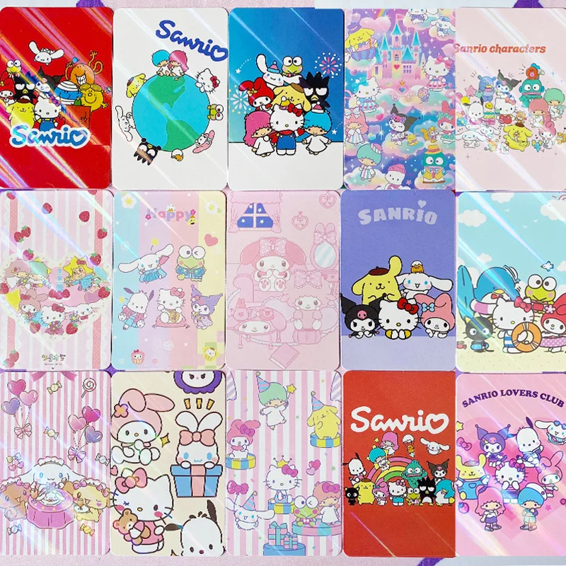 Sanrio Kuromi Card 24Pcs HelloKitty Mymelody Cinnamoroll Pom Purin Card Collectible Cards Gold and Silver Flash Cards Sticker 7+