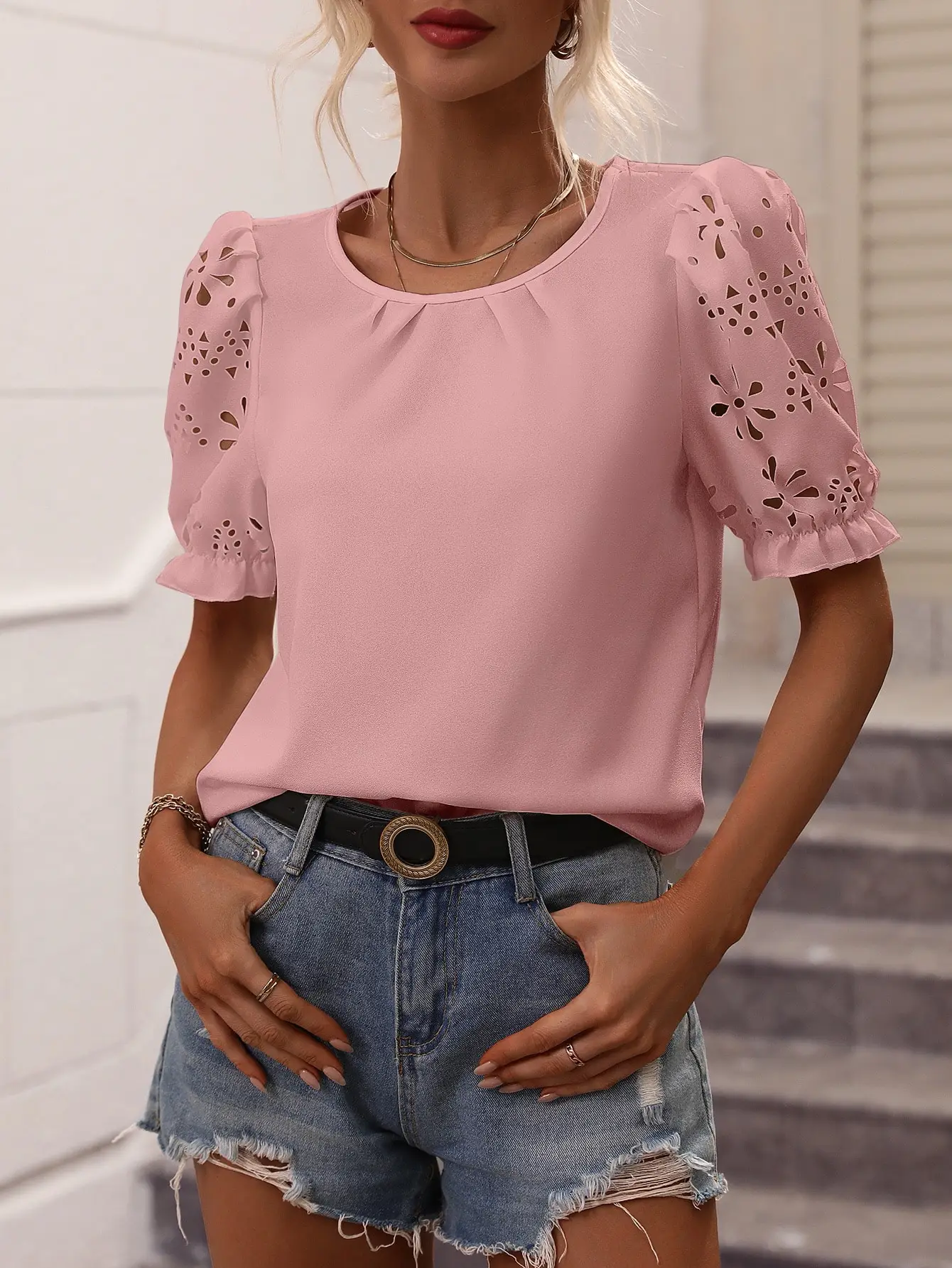 Women's Eyelet Puff Sleeve Blouse, Casual Round Neck Pleated Top, Hollow Out Ruffle Cuff Shirt For Ladies