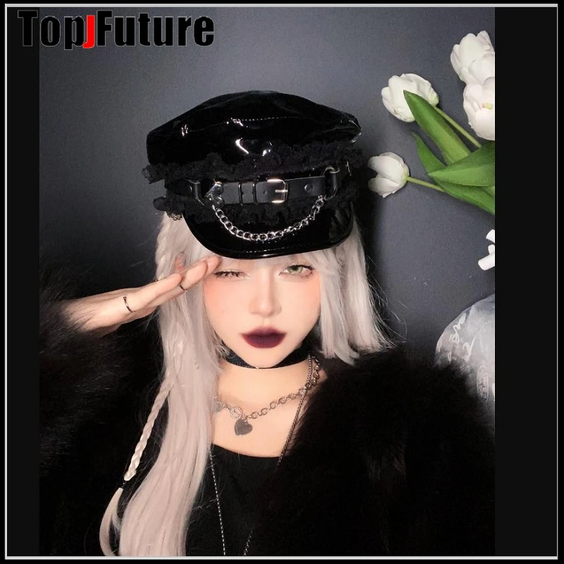 Harajuku Gothic Lolita Hat Women Punk Chain Subculture Spice Girl Cap Hat Female Y2K Girls Accessories Lace Cap — zdjęcie 4