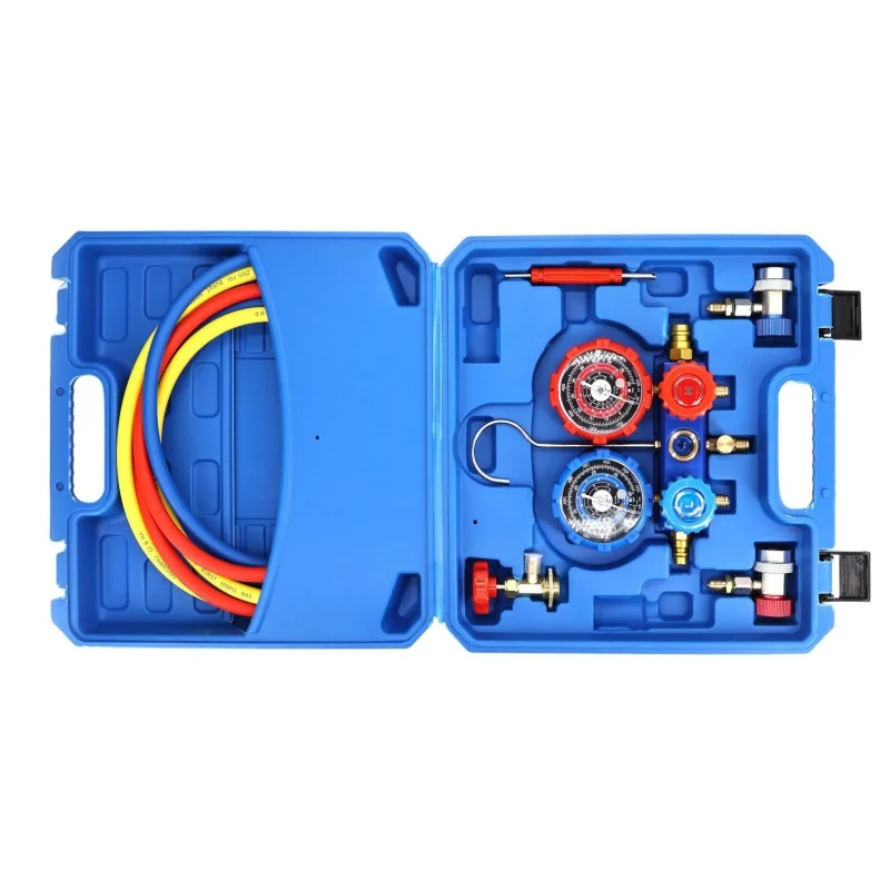 Dual Valve Car AC Manifold Gauge Set with Hoses Pressure Test Tool Kit for Auto Air Conditioning Maintenance
