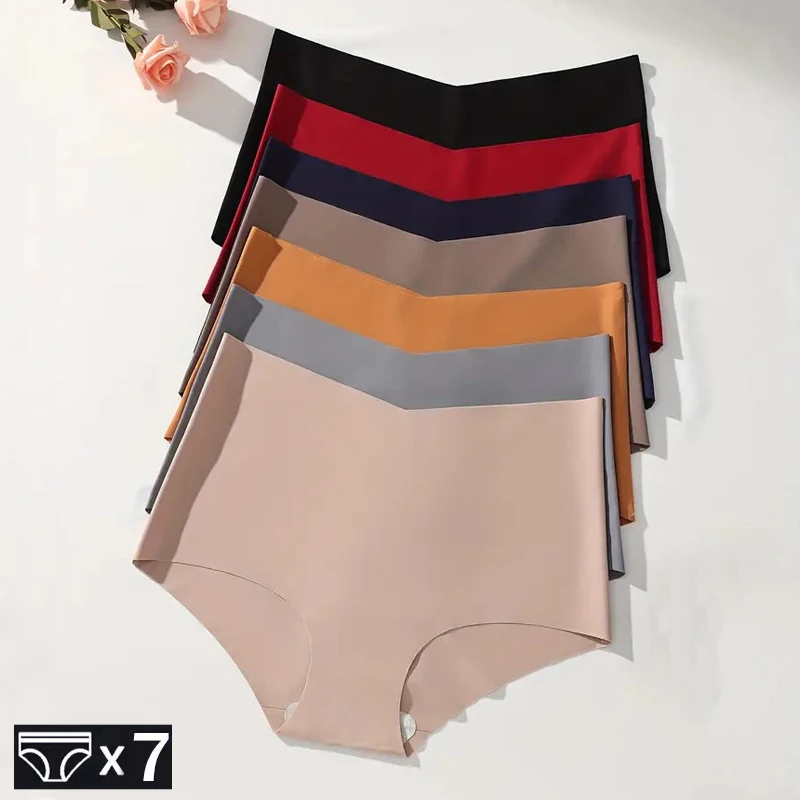 

7 шт. бесшовные женские трусики из ледяного шелка, нижнее белье, сексуальные женские трусы с высокой посадкой, однотонные трусики без следов, женское нижнее белье больших размеров
