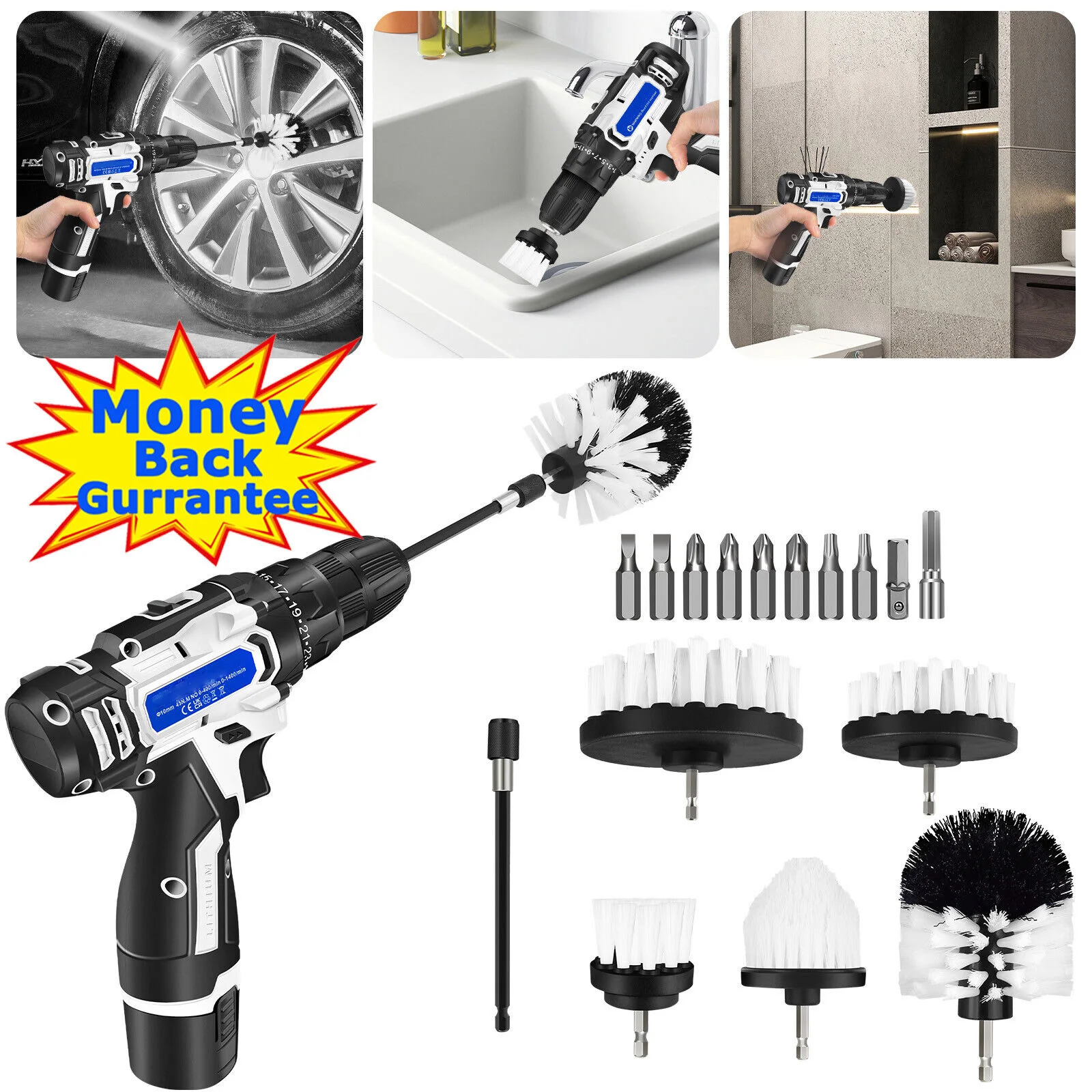 2-in-1 Car Cordless Drill & Electric Spin Scrubber Cleaning Brush Combi Set, w/Battey and Charger 25+1 Keyless,6PCS Brush