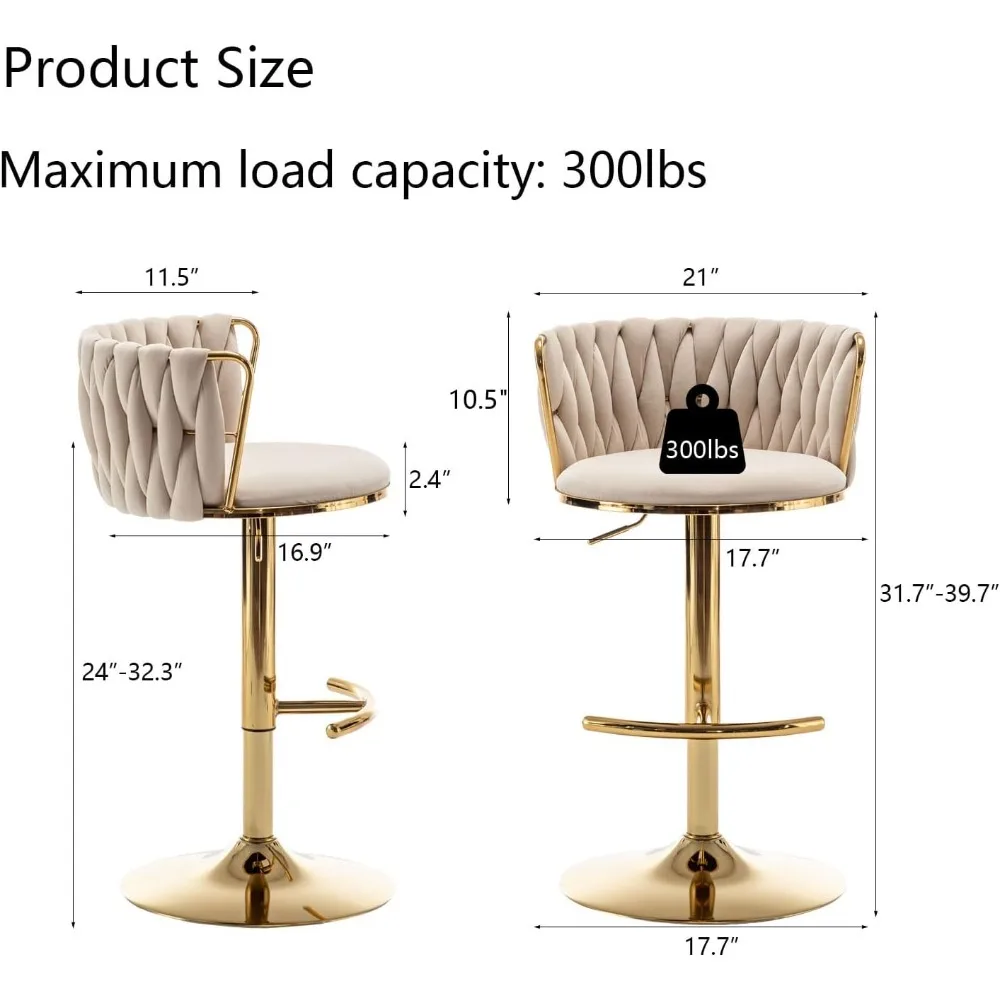 Gold Velvet Café Chairs Set of 4, Swivel Counter Height with Back, Adjustable Woven Barstools for Kitchen Island,Café Chairs