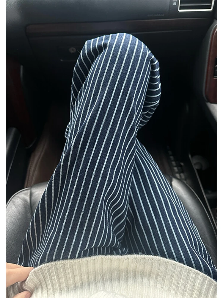 

Мужские повседневные брюки синего цвета в вертикальную полоску, осенне-зимние брюки свободного покроя в американском стиле ретро, прямые брюки для отдыха