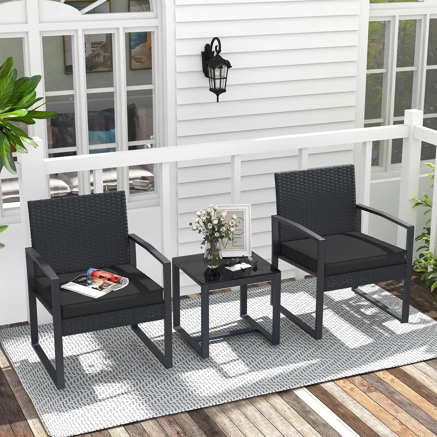 

Modern Design Outdoor Waterproof PE Rattan 3 Piece Outdoor Patio Bistro Reception Set with Cushioned Table Furniture
