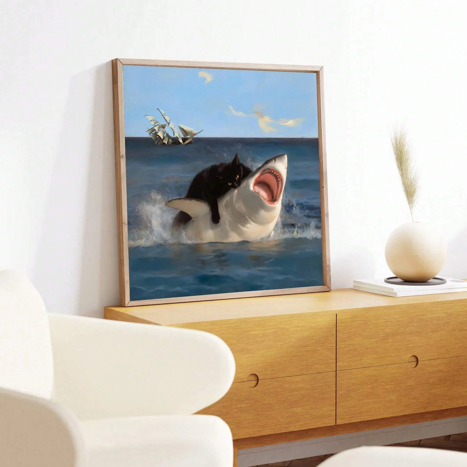 Fat cat and shark meme poster, renaissance painting style, funny cat mural, artwork wall painting, home and dorm decor