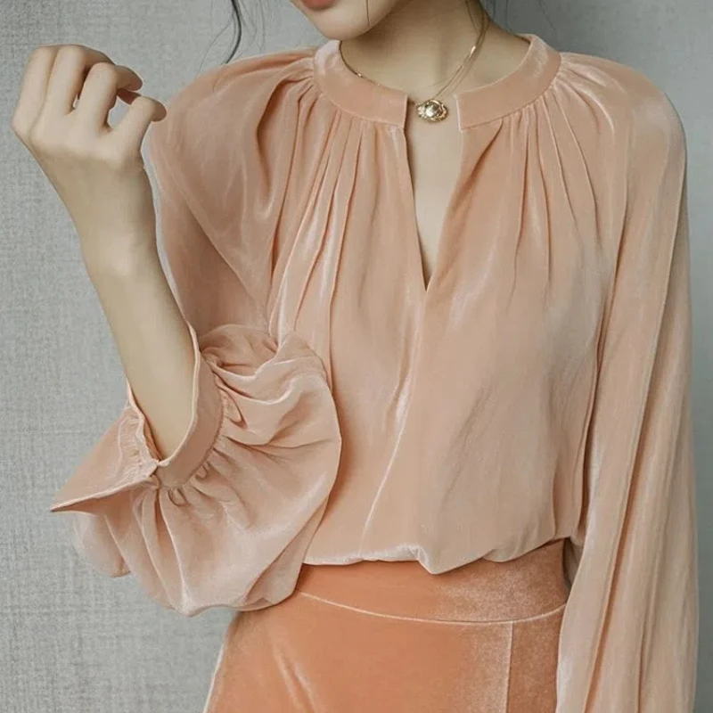 High End French Style Shirt with Temperament Fashionable and Western-style Orange Pink V-neck Velvet Shirt