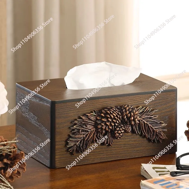 Creative wooden antique tissue box American light luxury household living room remote control storage rack study pumping carton