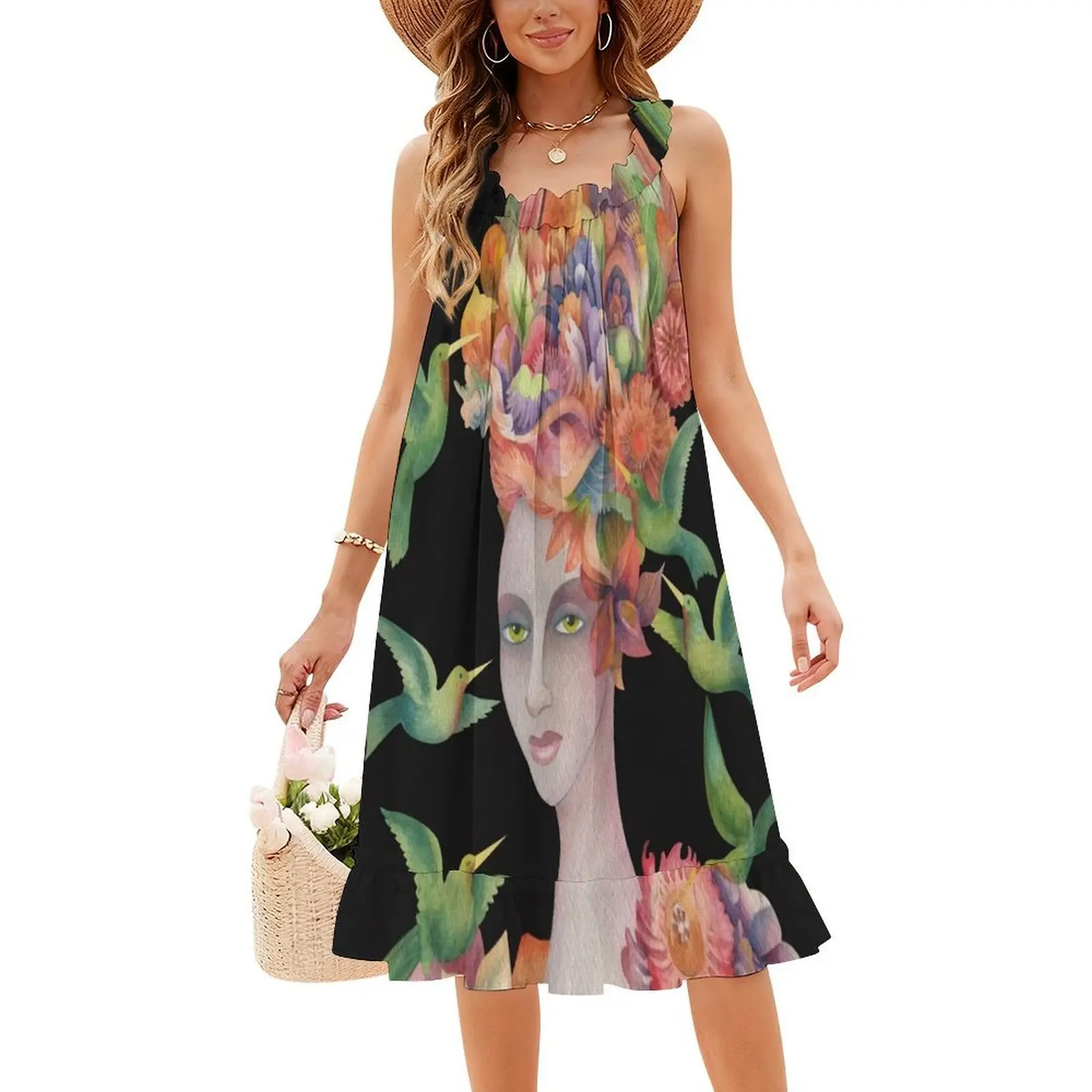 Who'S That Girl ? #4 Floral Smock Dress For Women Spring Summer Casual Dress For Party Watercolor Girl Hummingbirds Flowers