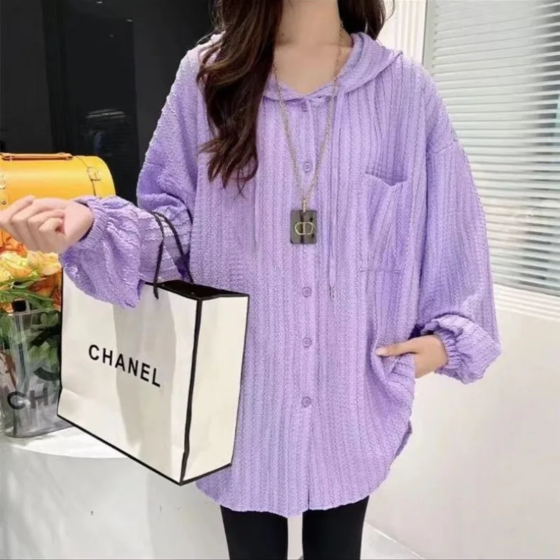 Long Sleeve Shirts Women Hooded Solid Pockets Spring Loose Tops Vintage Sunproof Tender All-match Outwear Simple Blouse Mujer