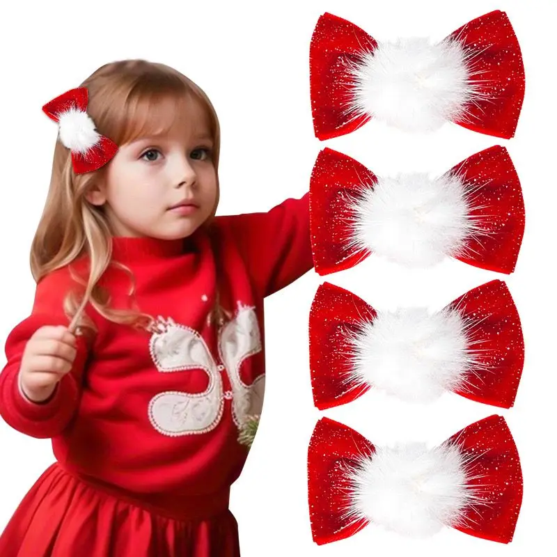 Boutique Red Color Glitter Pompom Bow Hairpins Glitter Hairball Pom Hairclips Children Hair Clips Christmas Hair Accessories