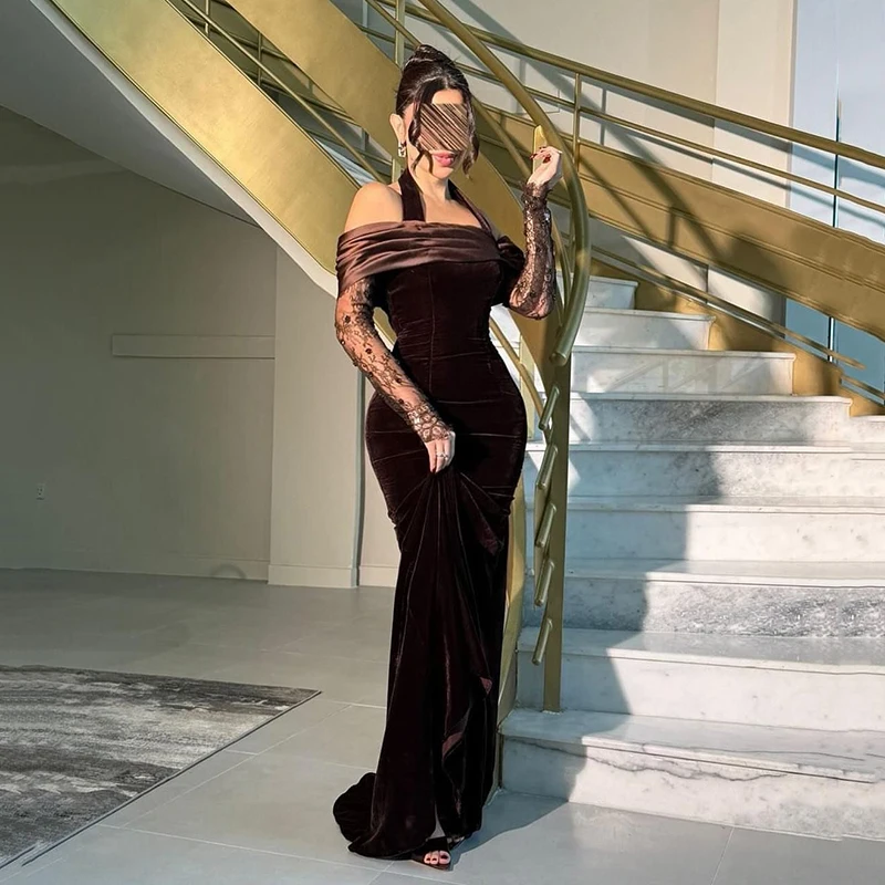 

Thinyfull Sexy Mermaid Prom Evening Dresses Saudi Arabia Halter Lace Velvet Party Dress Women Cocktail Prom Gowns Customized