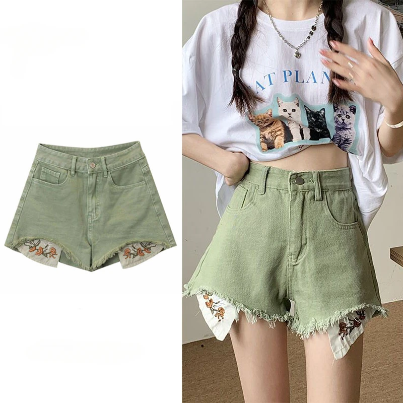 

2024 Summer New minimalist green pocket embroidered high waisted A-line wide leg denim oversized shorts