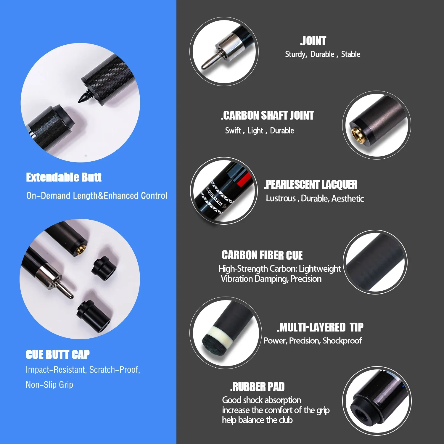 WXWSDDSS 12.5mm Carbon Pool Cue - Low Deflection Shaft • Multi-Layer Tip • Quick-Release Stainless Joint • 58" Pro Cue