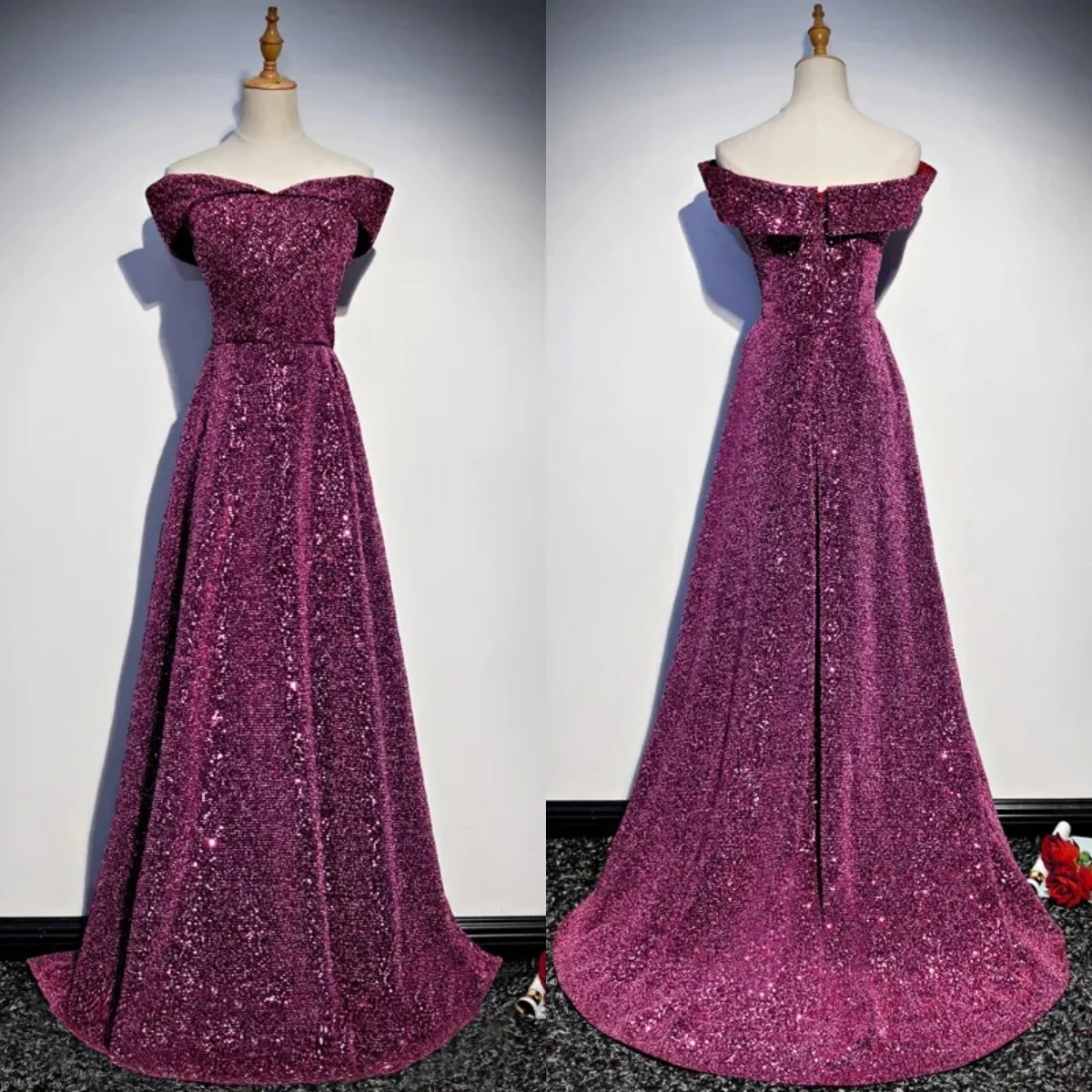 Evening Dress Hot Pink Sequins Bling Off the Shoulder Zipper Back A-line Floor-length Plus Size Women Formal Party Gown R1282