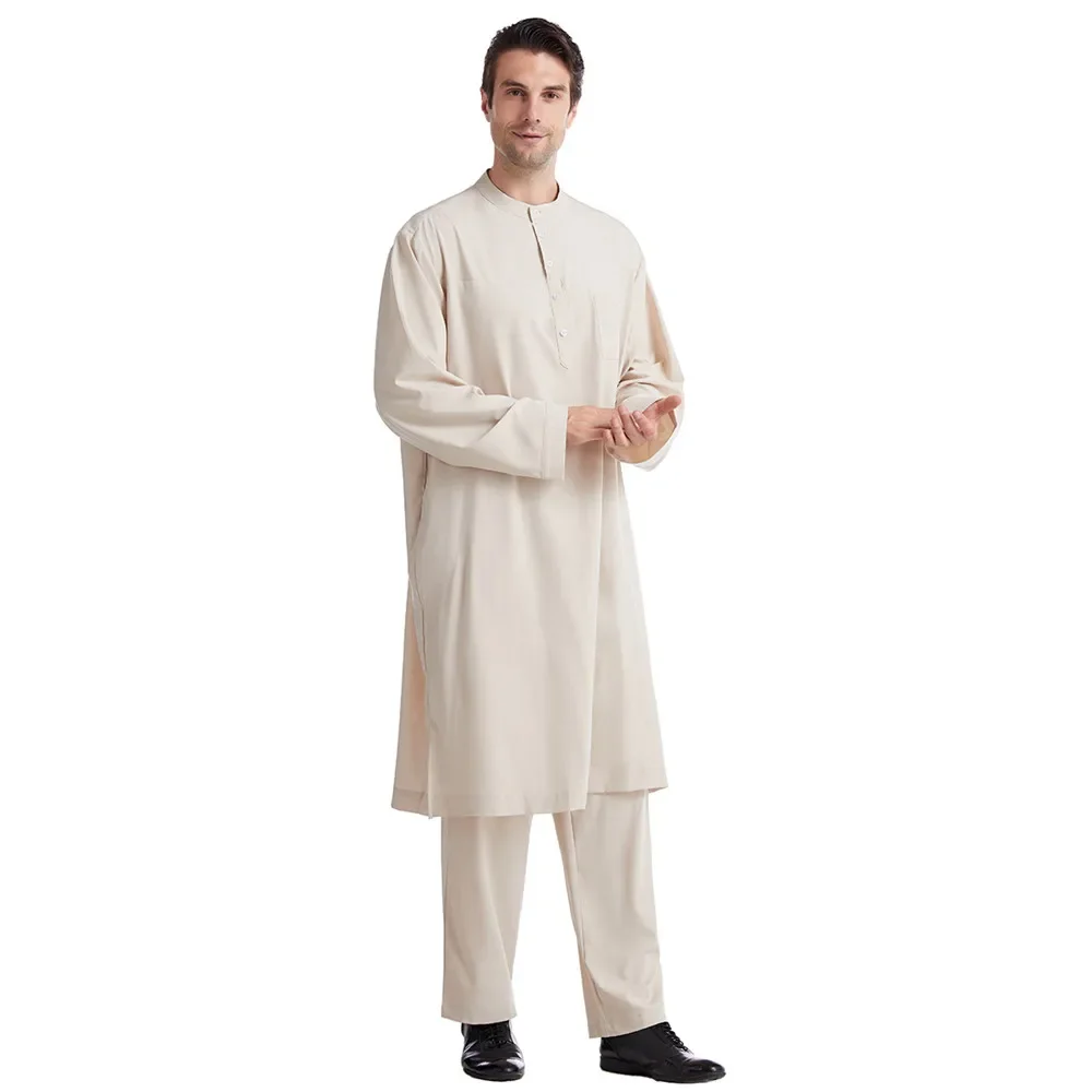 2 pçs árabe saudita masculino jubba thobe thoub kaftan dubai islâmico muçulmano robe topos calças conjunto abaya vestido disdasha terno djellaba vestido