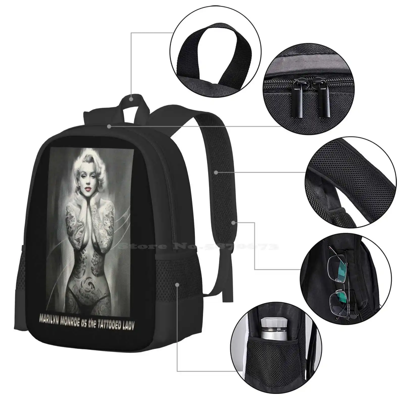 Marilyn Monroe : As The Tattooed Lady Print 3D Print Design Backpack Student Bag Marilyn Monroe Tattooes Piercing Actress Actor
